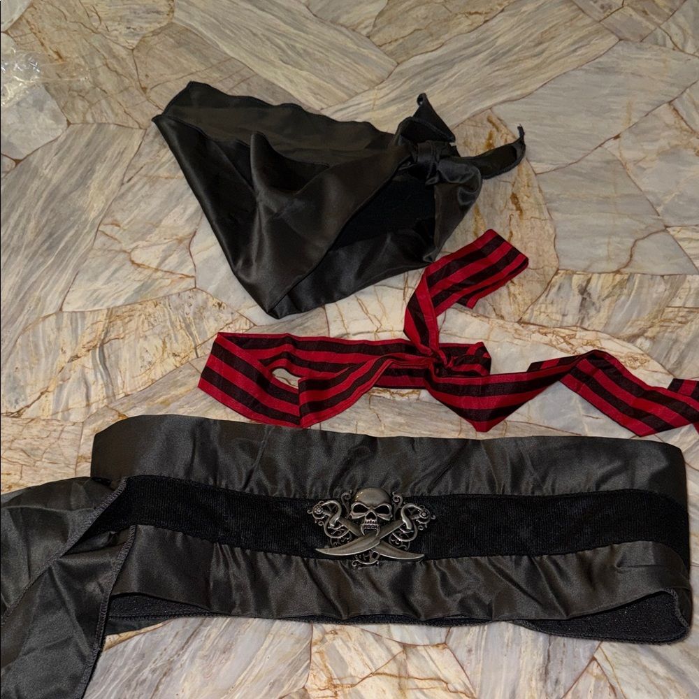 Pirate Costume Accessory Set Black Sash Belt‎ Skull Medallion Striped Headband